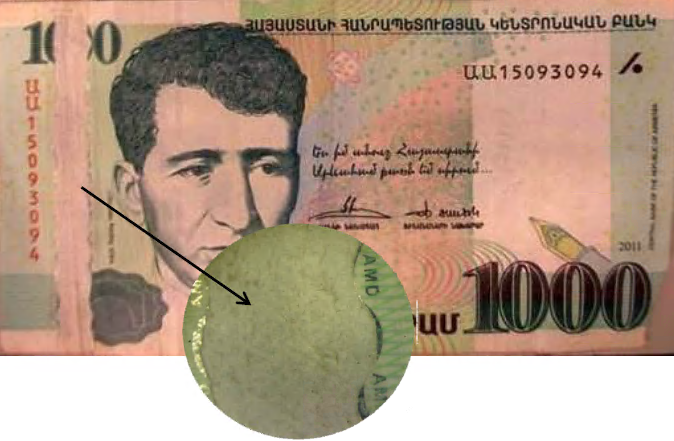 Banknotes have been deliberately altered (as to the nominal value, design, and image sizes), and their protective features
(holographic image and foil) have had deliberately removed